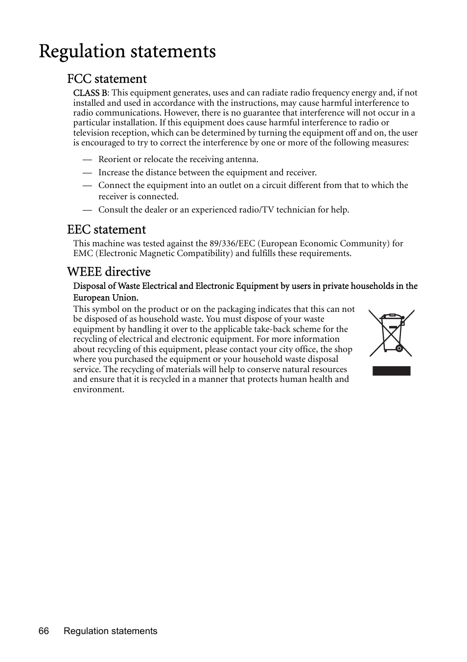 Regulation statements, Fcc statement, Eec statement | Weee directive | BenQ MP723 User Manual | Page 66 / 66