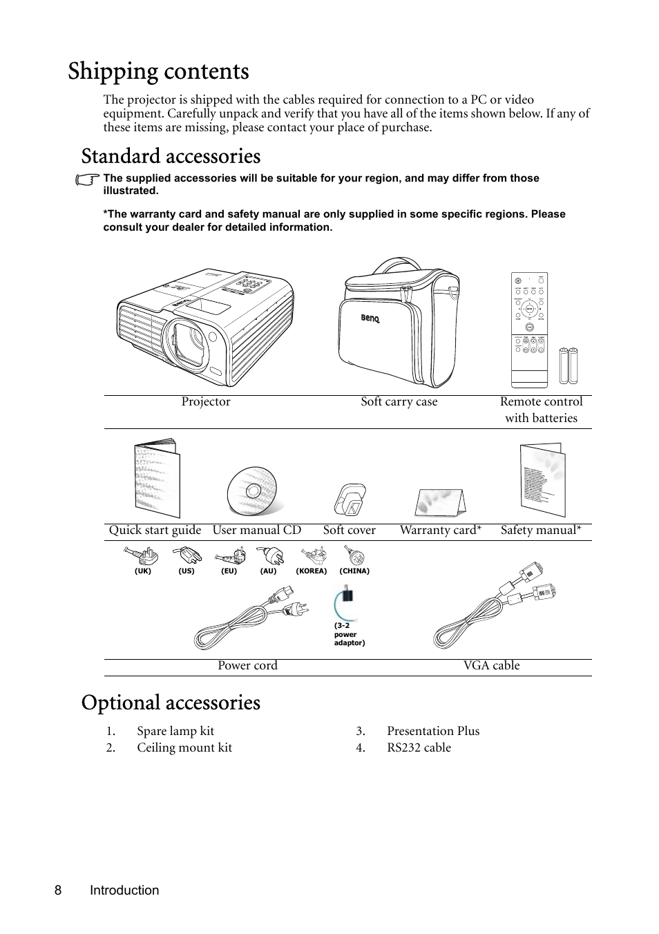 Shipping contents, Standard accessories, Optional accessories | BenQ MP723 User Manual | Page 8 / 66