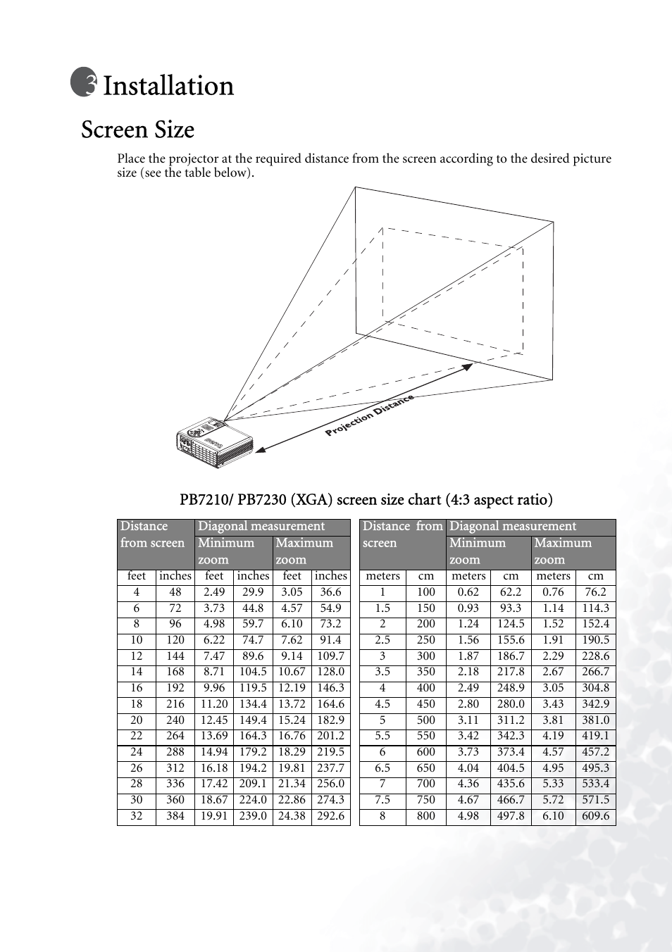 Installation, Screen size | BenQ PB7230 User Manual | Page 15 / 44