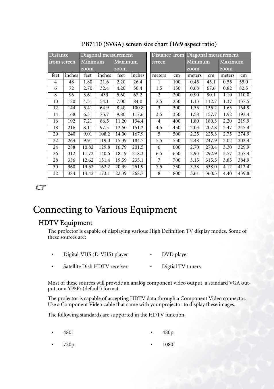 Connecting to various equipment, Hdtv equipment | BenQ PB7230 User Manual | Page 17 / 44