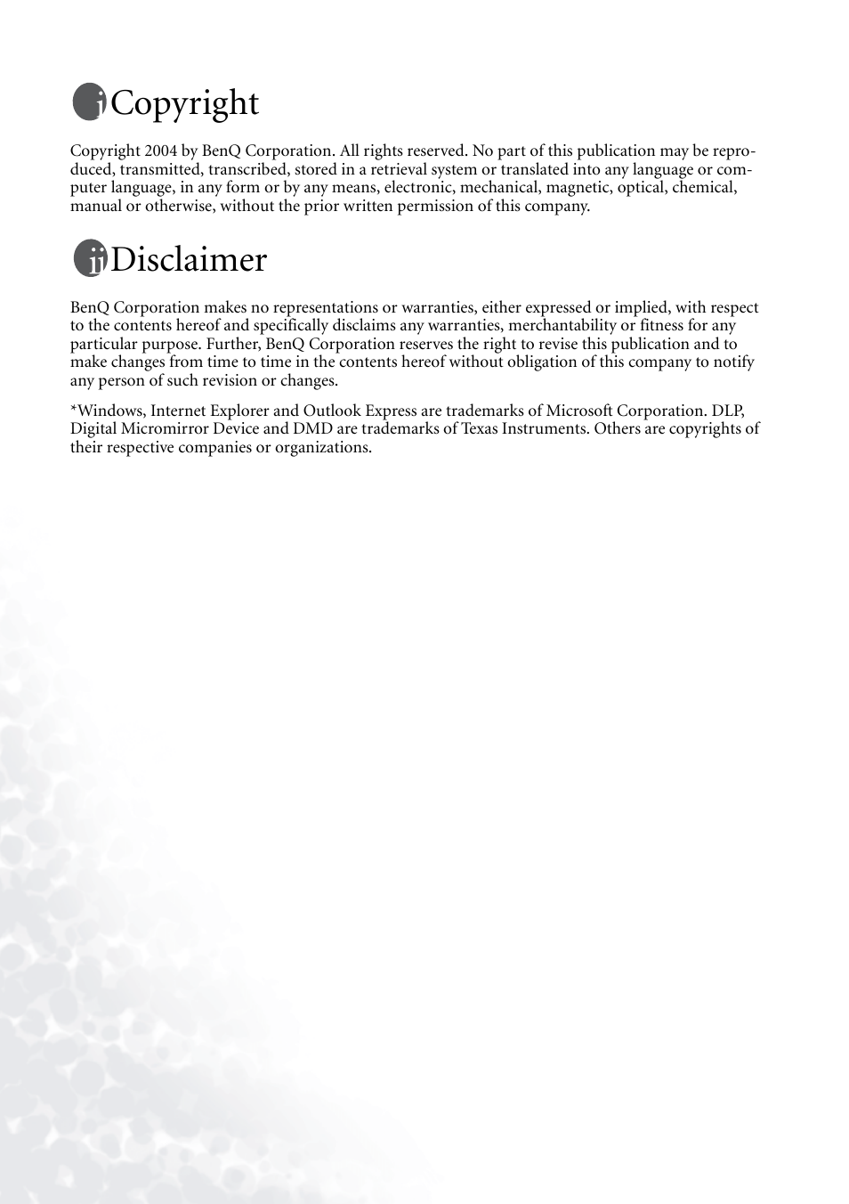 Copyright, Disclaimer | BenQ PB7230 User Manual | Page 2 / 44