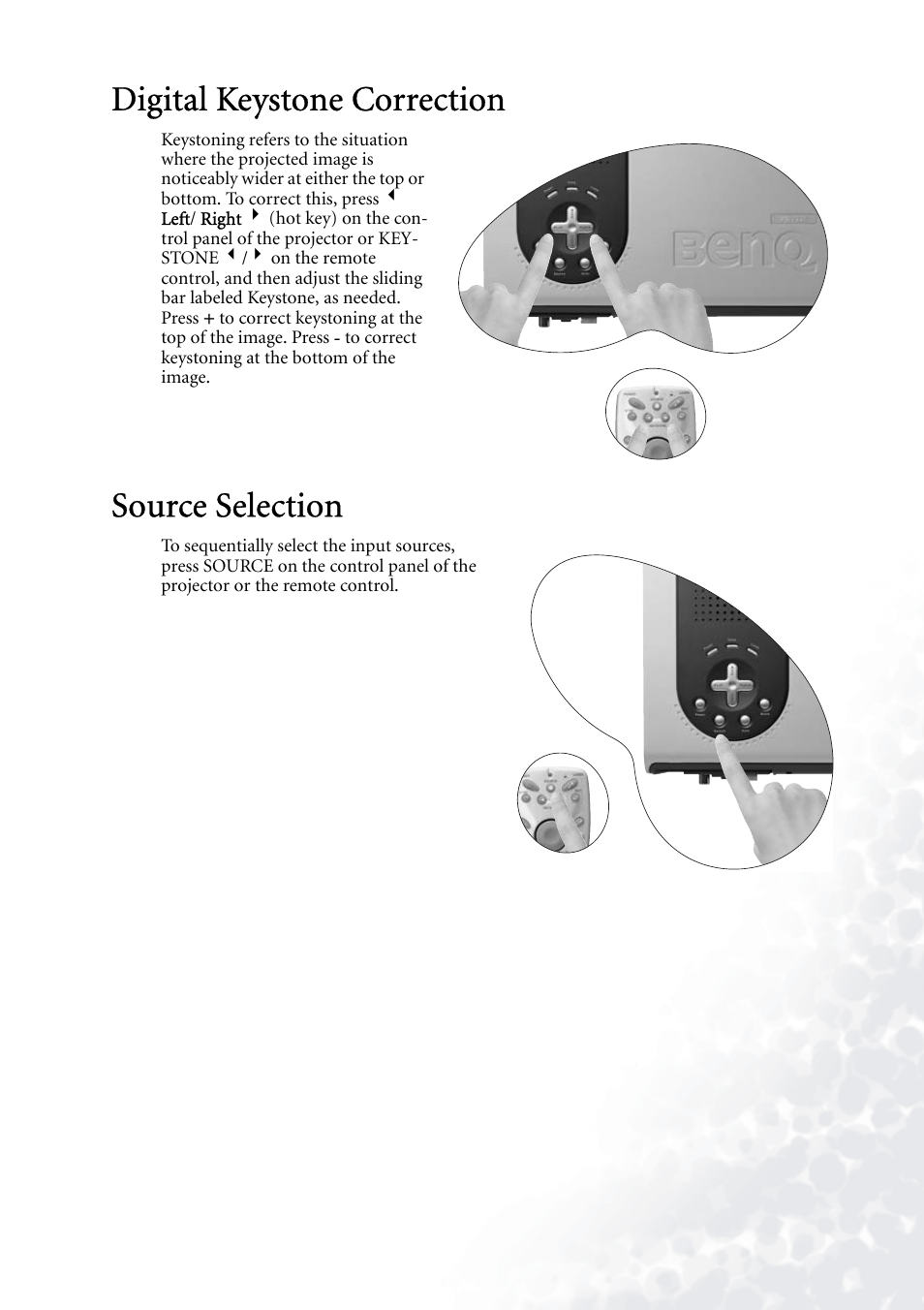 Digital keystone correction, Source selection, Digital keystone correction source selection | BenQ PB7230 User Manual | Page 21 / 44
