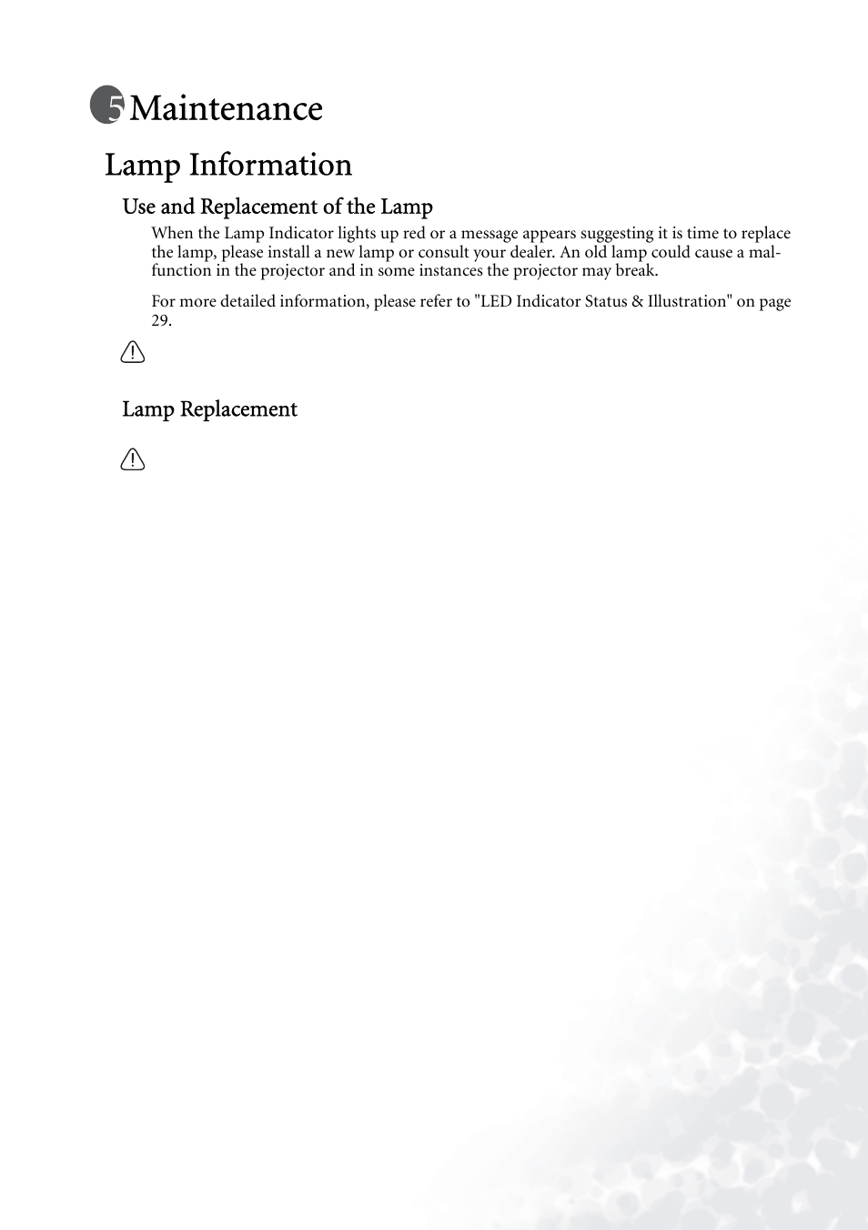 Maintenance, Lamp information, Use and replacement of the lamp | Lamp replacement | BenQ PB7230 User Manual | Page 31 / 44