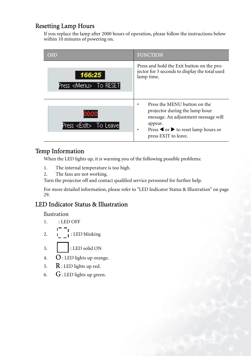 Resetting lamp hours, Temp information, Led indicator status & illustration | BenQ PB7230 User Manual | Page 33 / 44