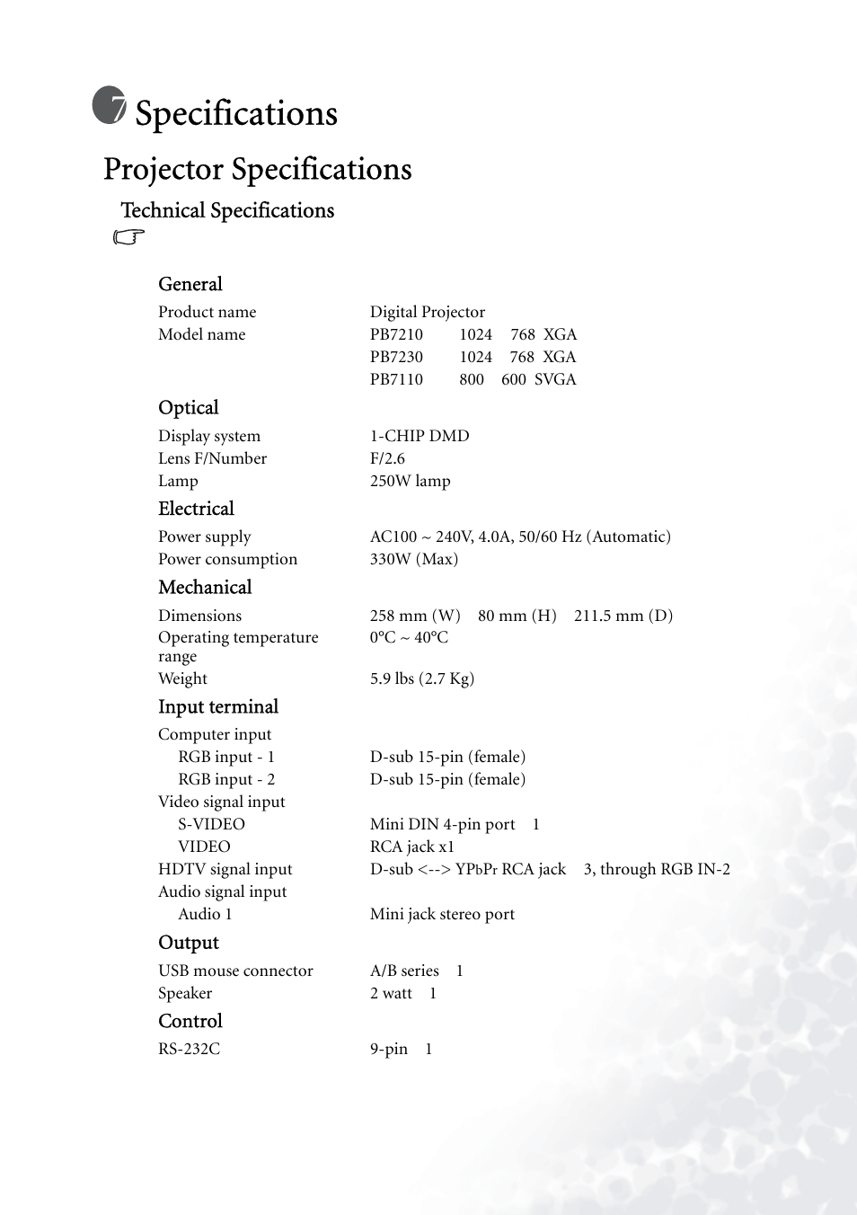 Specifications, Projector specifications, Technical specifications | BenQ PB7230 User Manual | Page 39 / 44