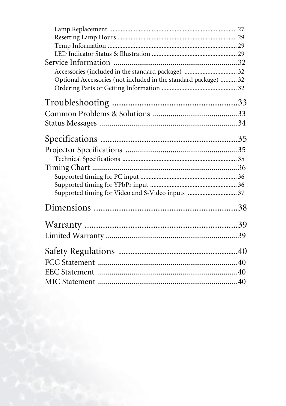 Troubleshooting, Specifications, Dimensions warranty | Safety regulations | BenQ PB7230 User Manual | Page 4 / 44