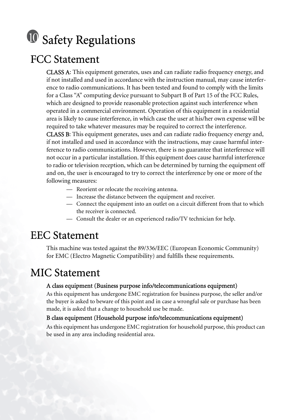 Safety regulations, Fcc statement, Eec statement | Mic statement, Fcc statement eec statement mic statement | BenQ PB7230 User Manual | Page 44 / 44