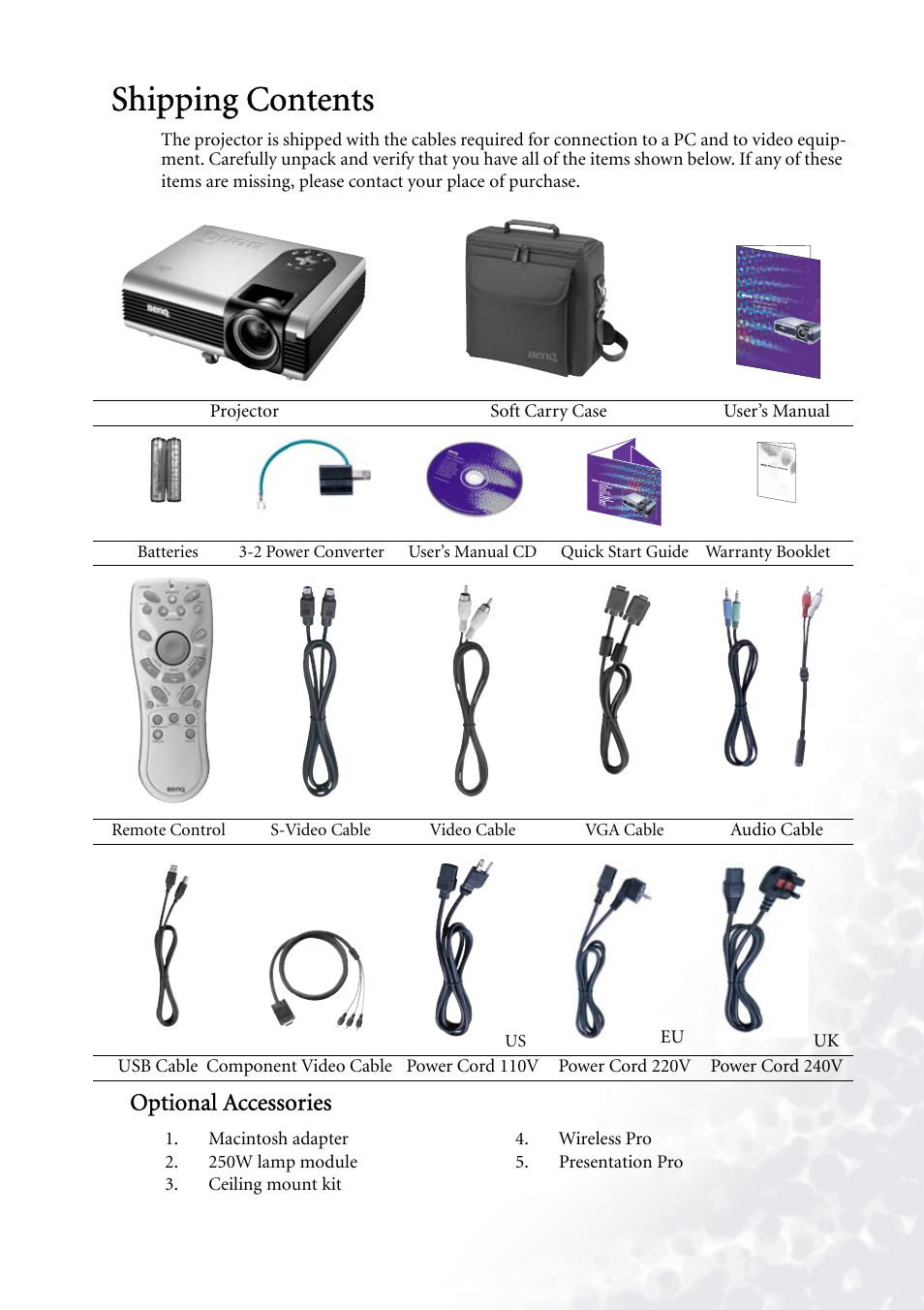 Shipping contents, Optional accessories | BenQ PB7230 User Manual | Page 9 / 44