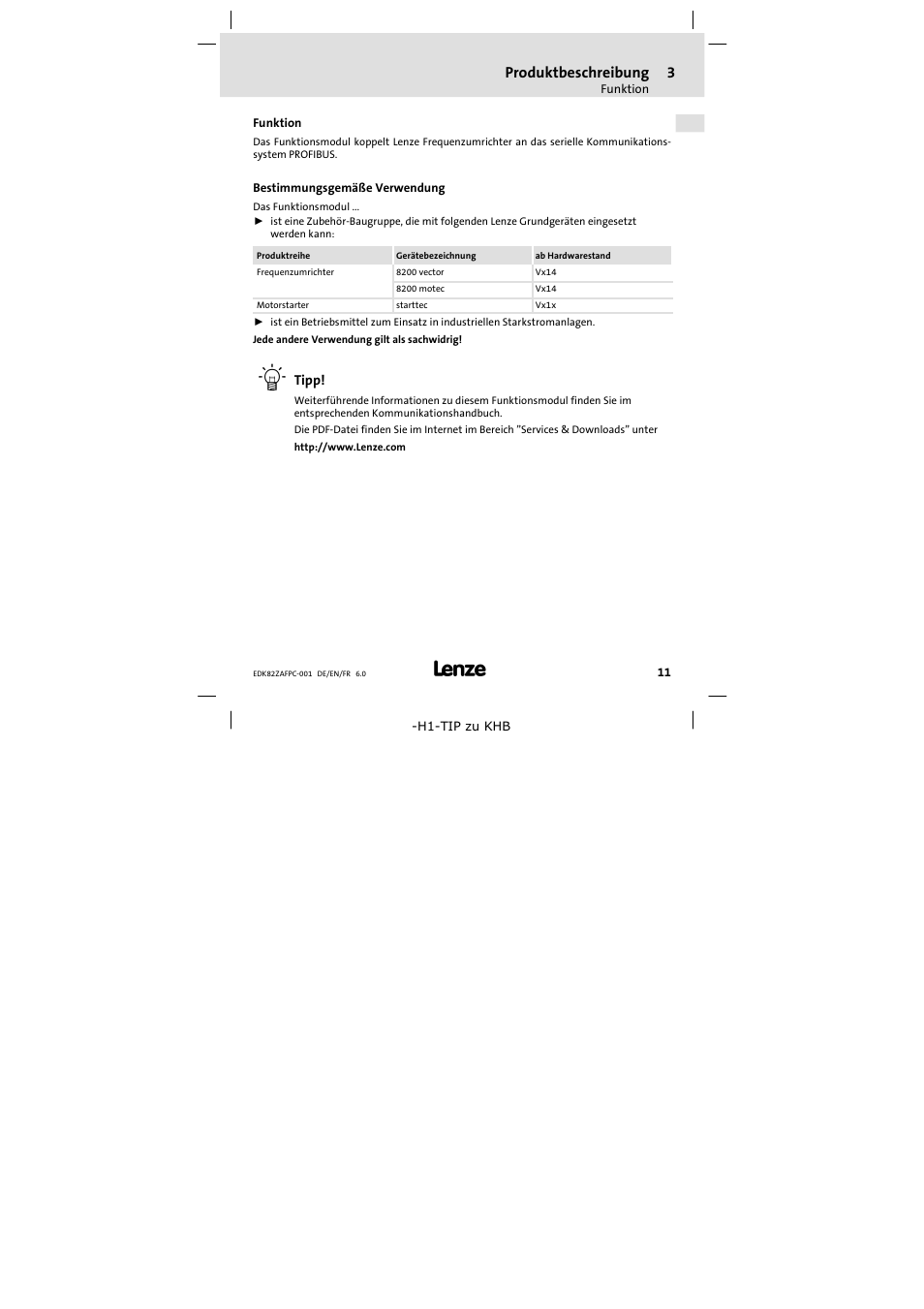 3 produktbeschreibung, Funktion, Bestimmungsgemäße verwendung | Produktbeschreibung | Lenze E82ZAFPC001 User Manual | Page 11 / 100