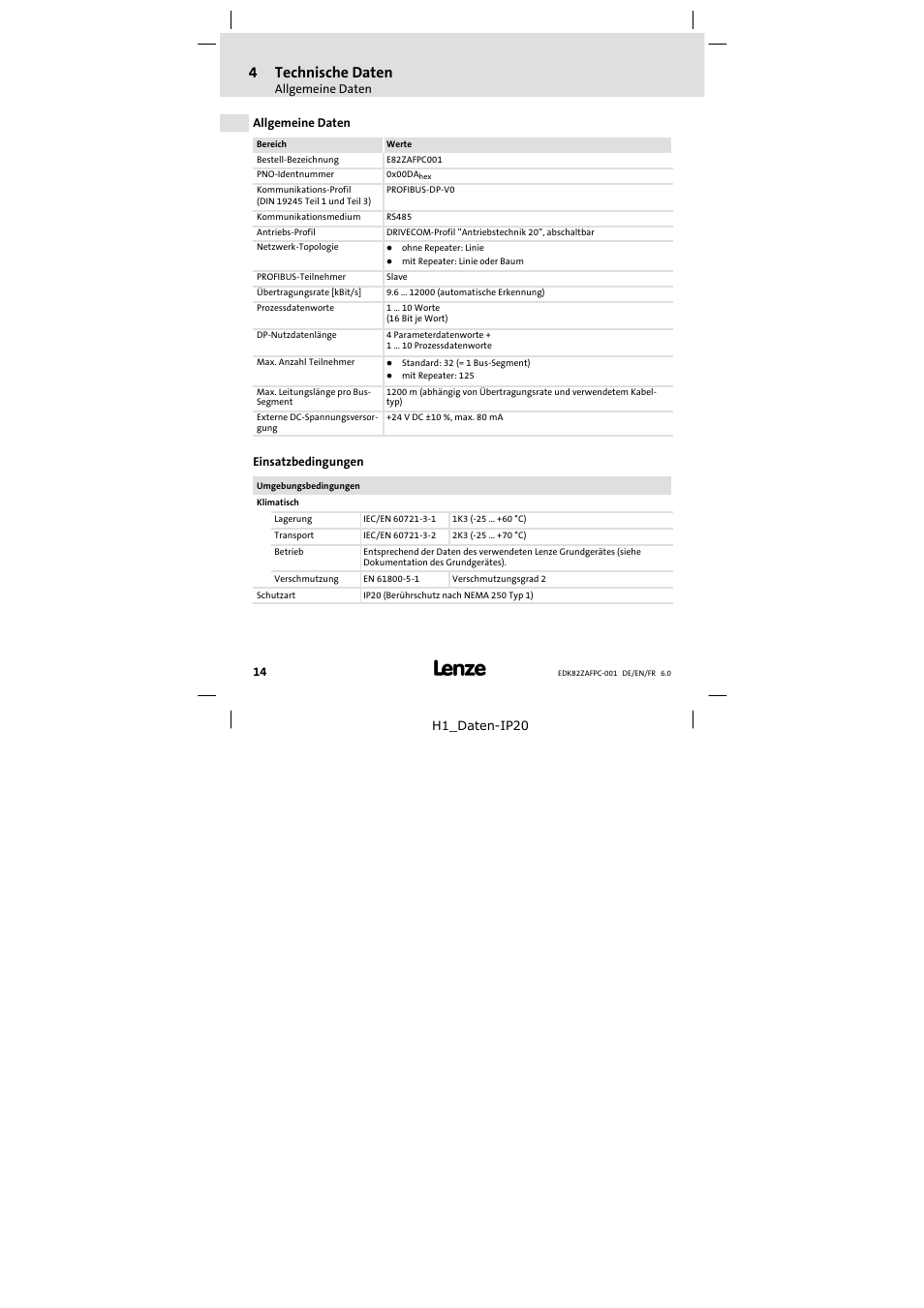 4 technische daten, Allgemeine daten, Einsatzbedingungen | Technische daten, 4technische daten | Lenze E82ZAFPC001 User Manual | Page 14 / 100