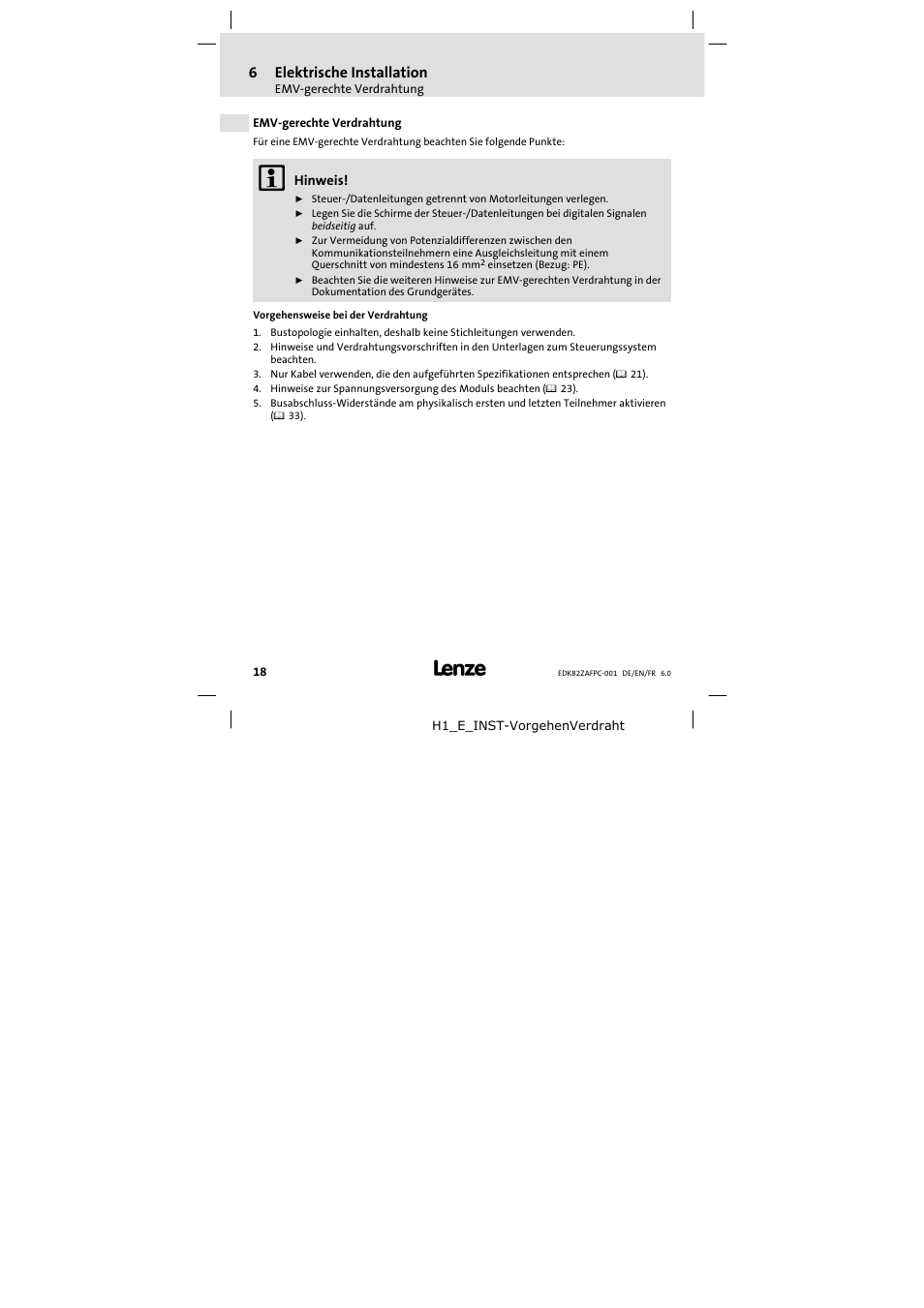 6 elektrische installation, Emv-gerechte verdrahtung, Elektrische installation | 6elektrische installation | Lenze E82ZAFPC001 User Manual | Page 18 / 100