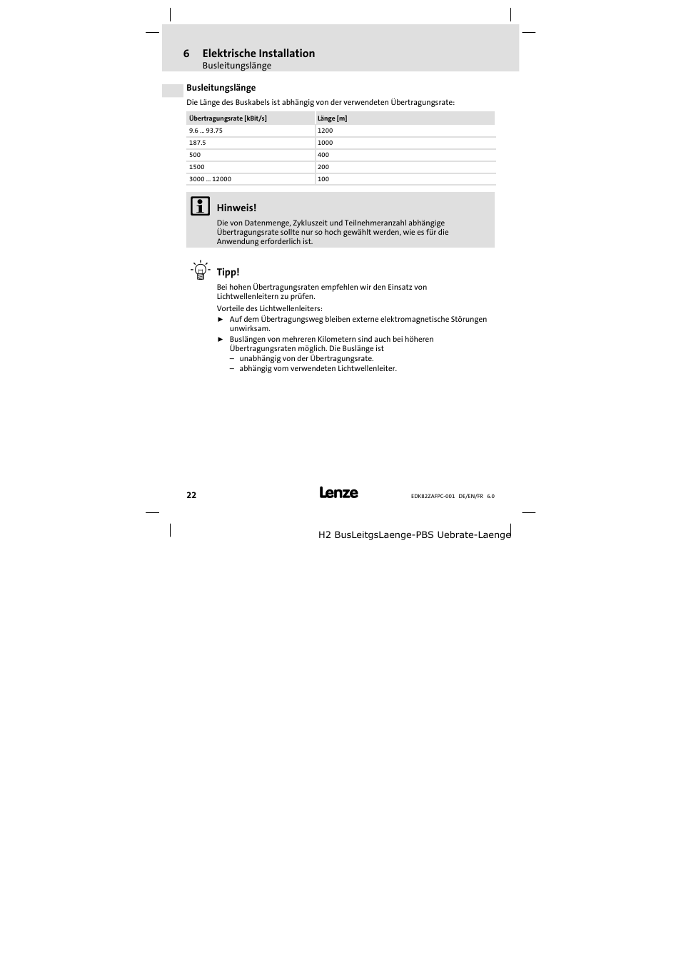 Busleitungslänge | Lenze E82ZAFPC001 User Manual | Page 22 / 100