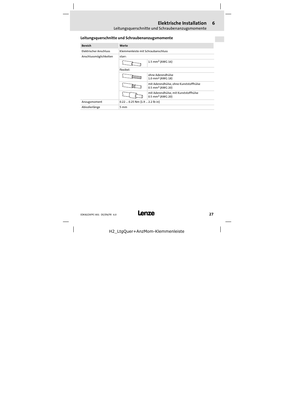 Leitungsquerschnitte und schraubenanzugsmomente, Elektrische installation | Lenze E82ZAFPC001 User Manual | Page 27 / 100