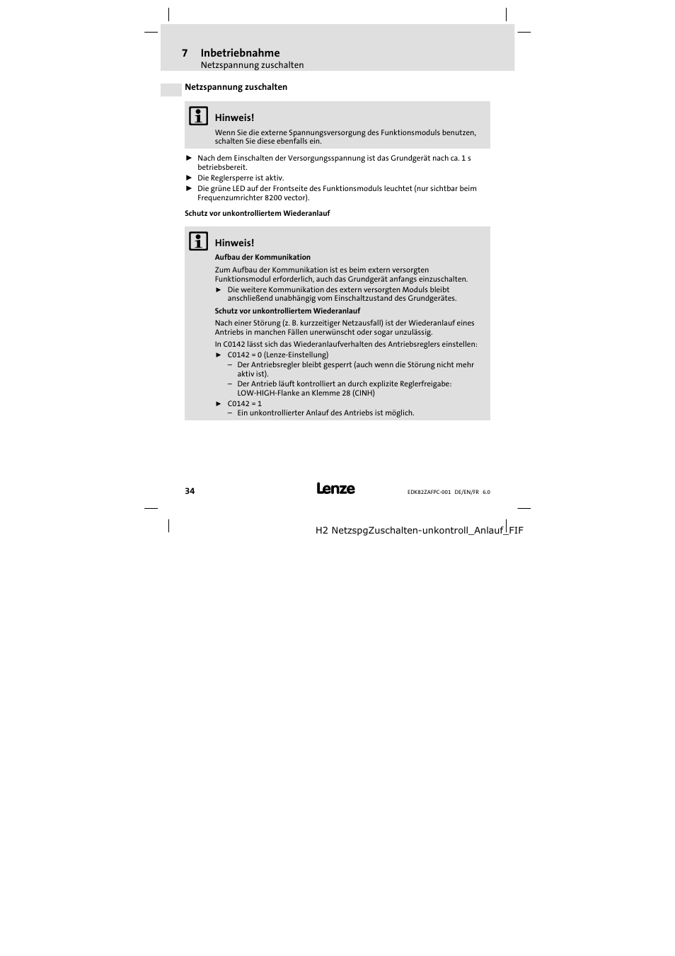 Netzspannung zuschalten | Lenze E82ZAFPC001 User Manual | Page 34 / 100