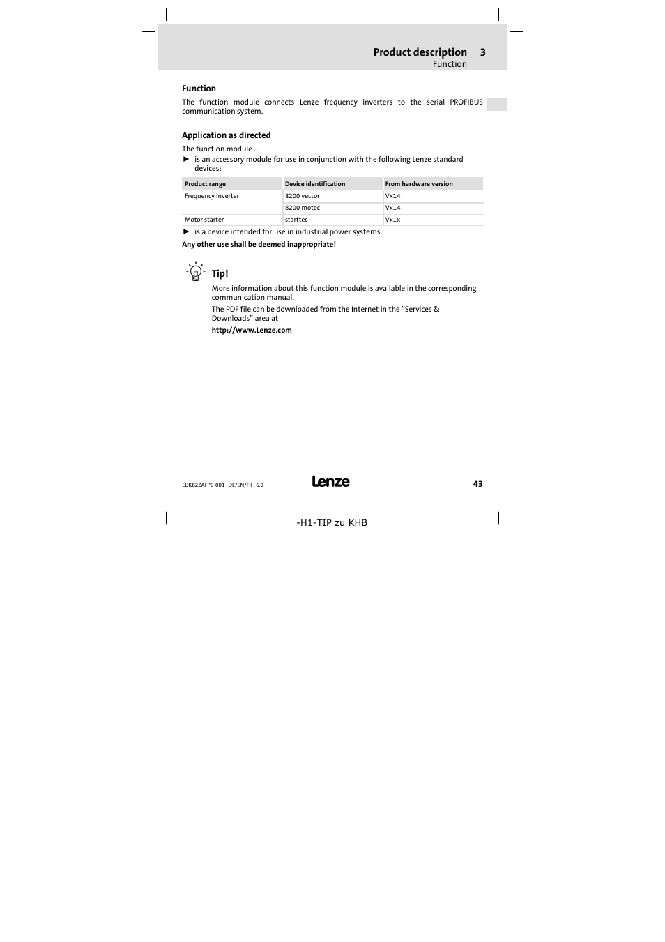 3 product description, Function, Application as directed | Product description | Lenze E82ZAFPC001 User Manual | Page 43 / 100