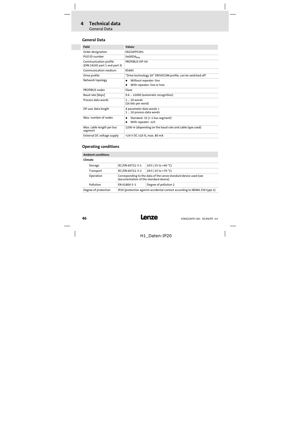 4 technical data, General data, Operating conditions | Technical data, 4technical data | Lenze E82ZAFPC001 User Manual | Page 46 / 100