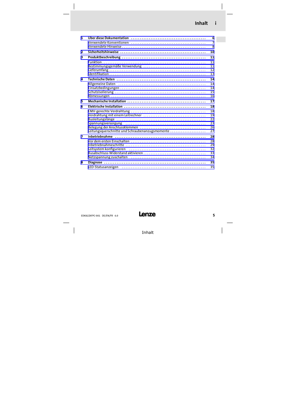 Inhalt, Inhalt i | Lenze E82ZAFPC001 User Manual | Page 5 / 100