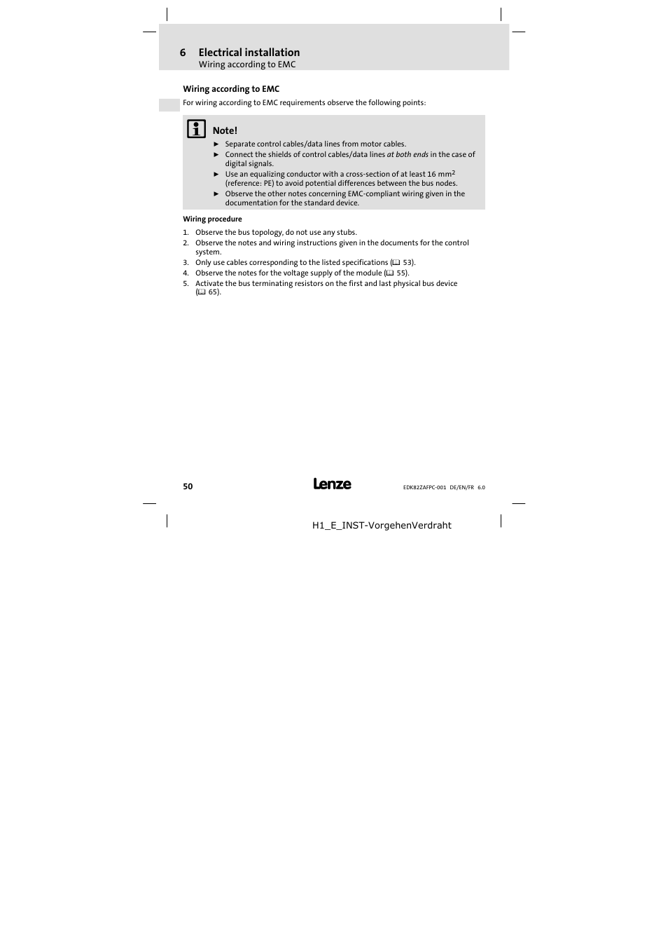 6 electrical installation, Wiring according to emc, Electrical installation | 6electrical installation | Lenze E82ZAFPC001 User Manual | Page 50 / 100