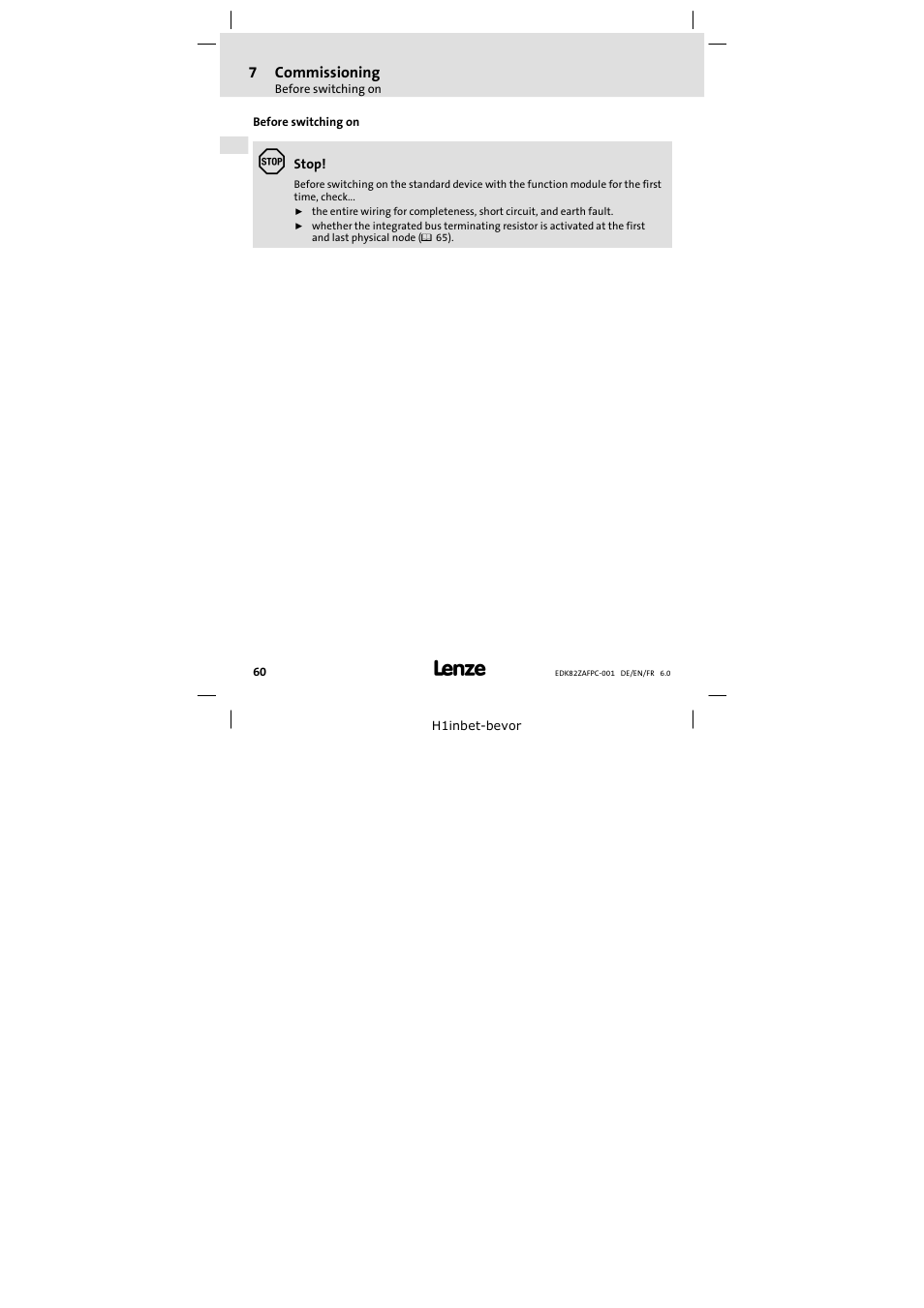 7 commissioning, Before switching on, Commissioning | 7commissioning | Lenze E82ZAFPC001 User Manual | Page 60 / 100