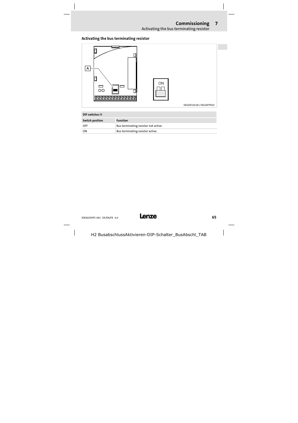 Activating the bus terminating resistor, Commissioning | Lenze E82ZAFPC001 User Manual | Page 65 / 100