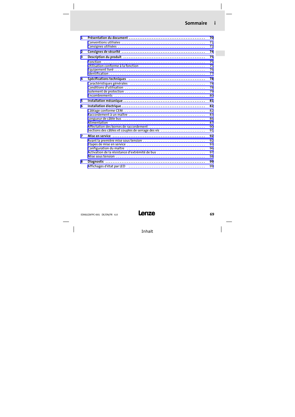 Sommaire, Sommaire i | Lenze E82ZAFPC001 User Manual | Page 69 / 100