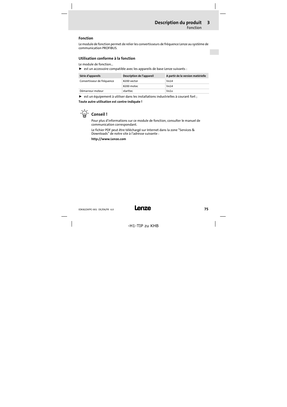 3 description du produit, Fonction, Utilisation conforme à la fonction | Description du produit | Lenze E82ZAFPC001 User Manual | Page 75 / 100