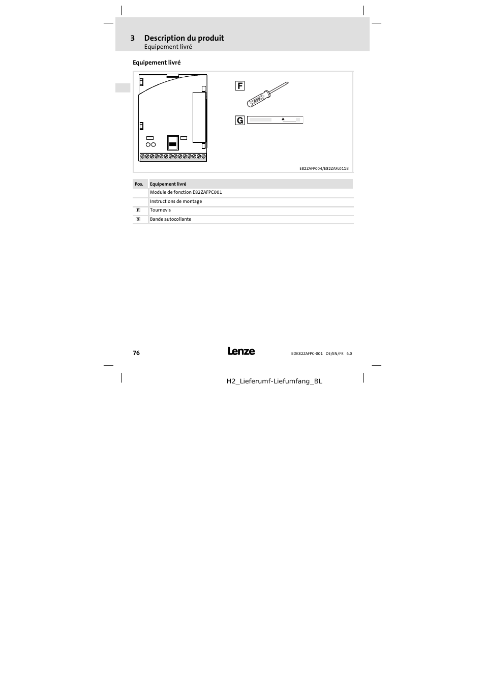Equipement livré | Lenze E82ZAFPC001 User Manual | Page 76 / 100