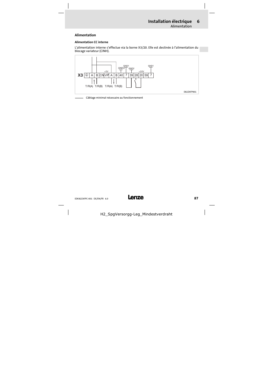 Alimentation, Installation électrique | Lenze E82ZAFPC001 User Manual | Page 87 / 100