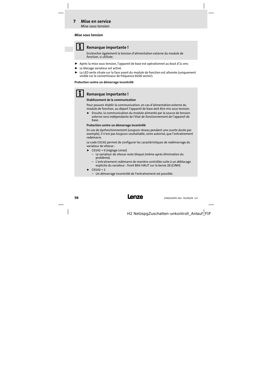 Mise sous tension | Lenze E82ZAFPC001 User Manual | Page 98 / 100