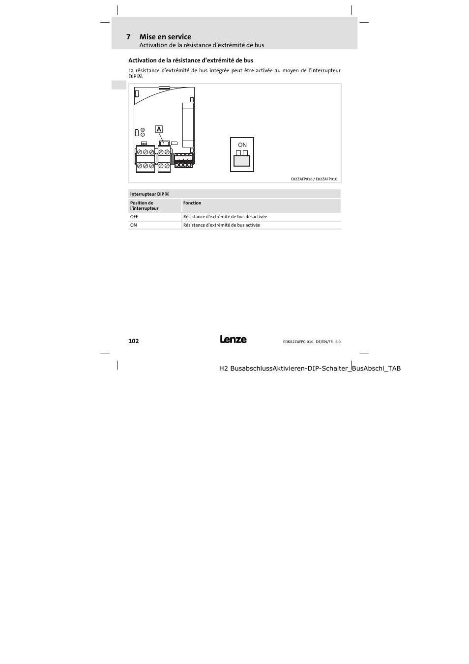 Activation de la résistance d' extrémité de bus, Activation de la résistance d’extrémité de bus | Lenze E82ZAFPC010 User Manual | Page 102 / 106