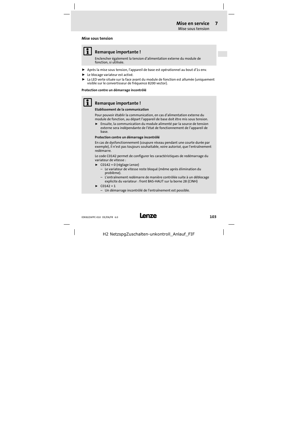Mise sous tension | Lenze E82ZAFPC010 User Manual | Page 103 / 106