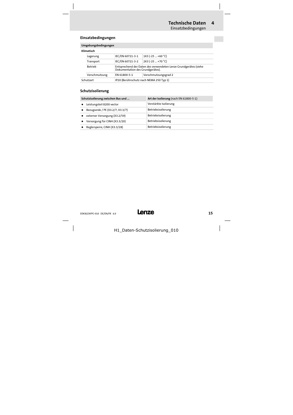 Einsatzbedingungen, Schutzisolierung, Technische daten | Lenze E82ZAFPC010 User Manual | Page 15 / 106