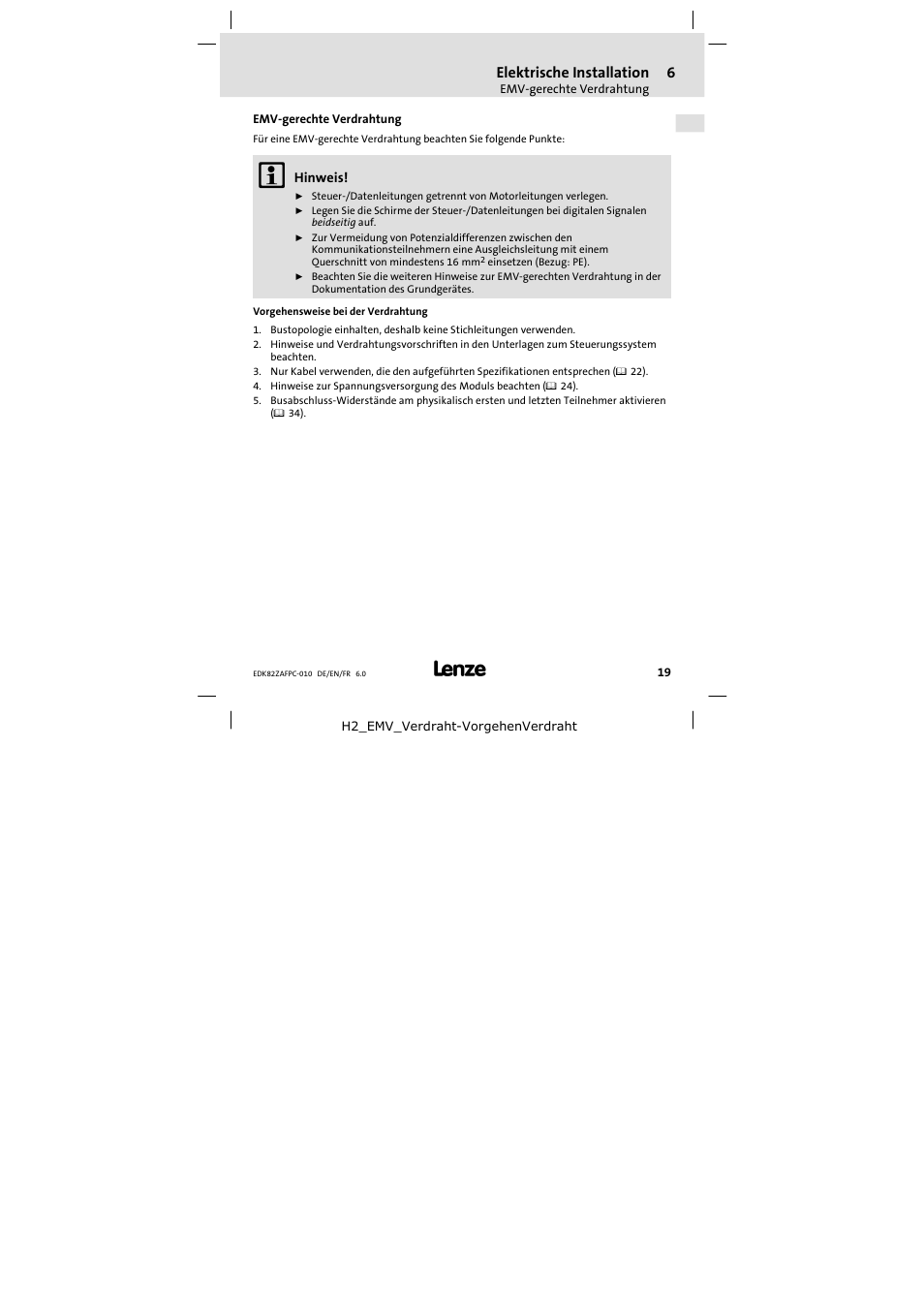 Emv-gerechte verdrahtung | Lenze E82ZAFPC010 User Manual | Page 19 / 106
