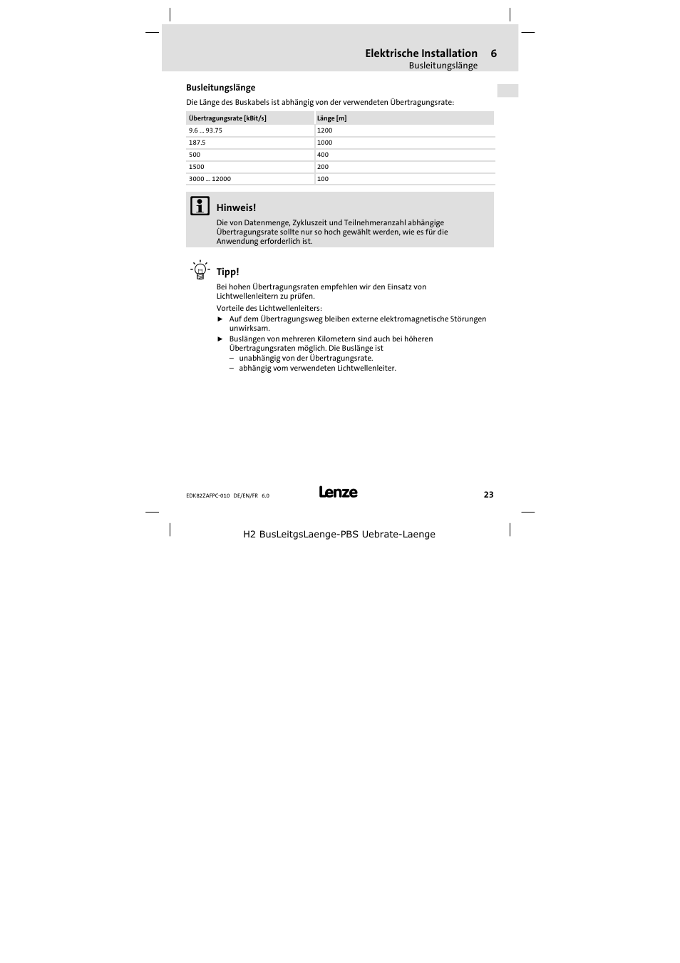 Busleitungslänge | Lenze E82ZAFPC010 User Manual | Page 23 / 106
