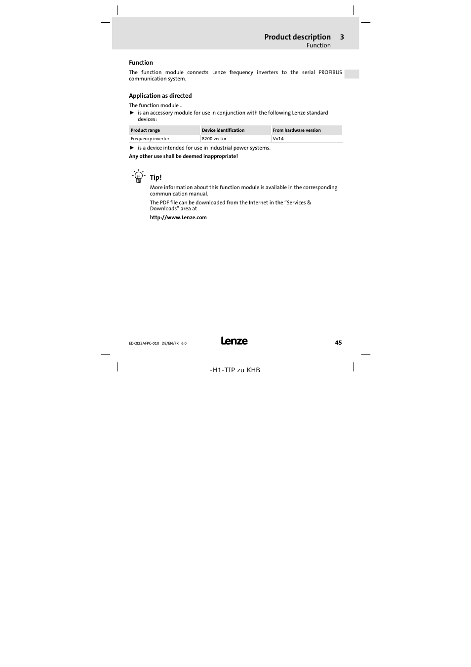 3 product description, Function, Application as directed | Product description | Lenze E82ZAFPC010 User Manual | Page 45 / 106