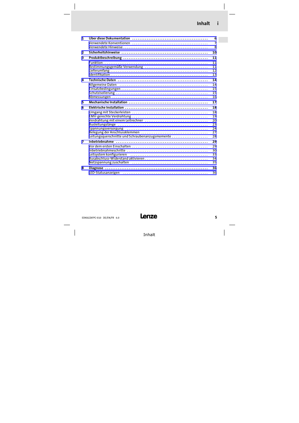 Inhalt, Inhalt i | Lenze E82ZAFPC010 User Manual | Page 5 / 106
