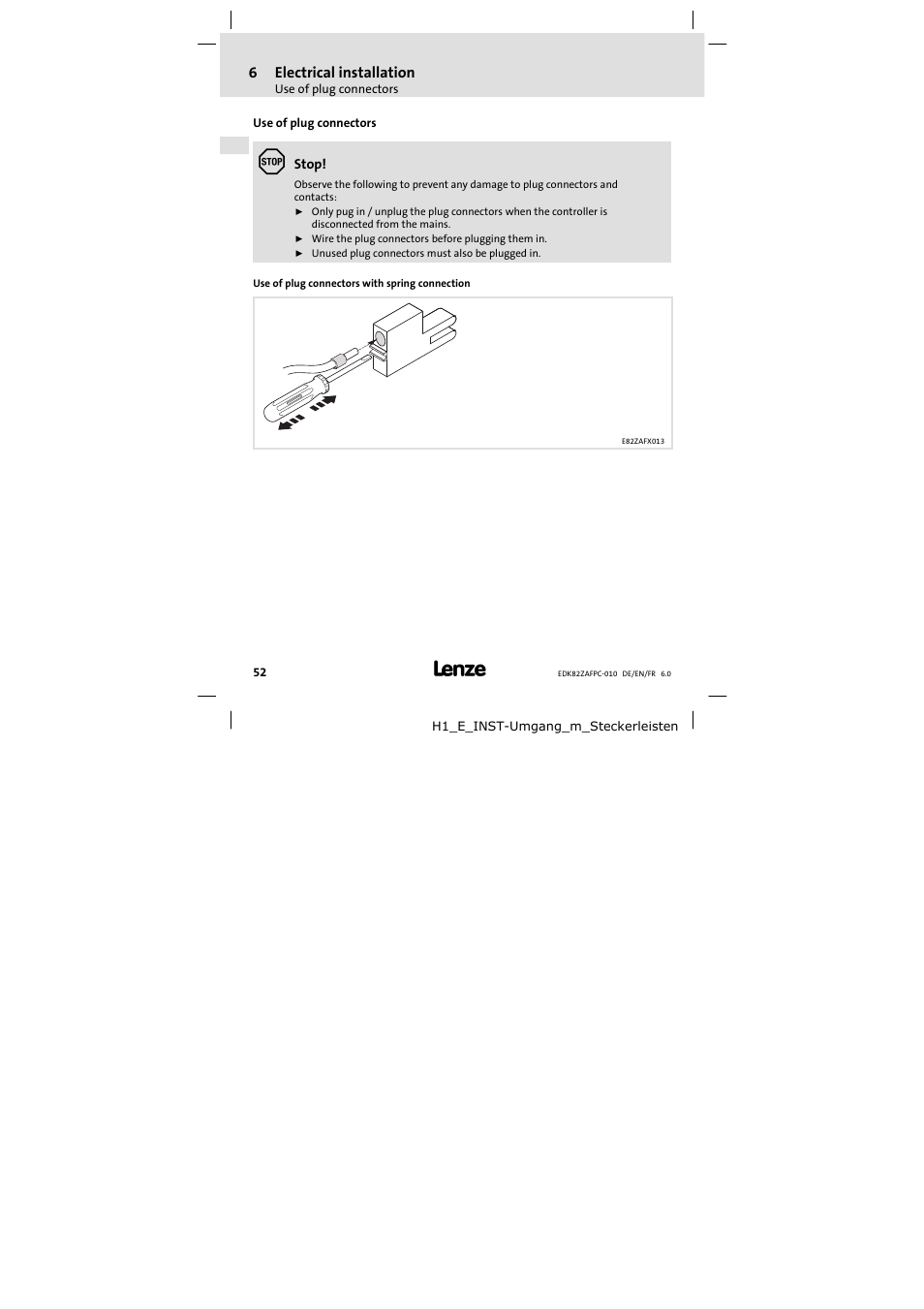 6 electrical installation, Use of plug connectors, Electrical installation | Lenze E82ZAFPC010 User Manual | Page 52 / 106