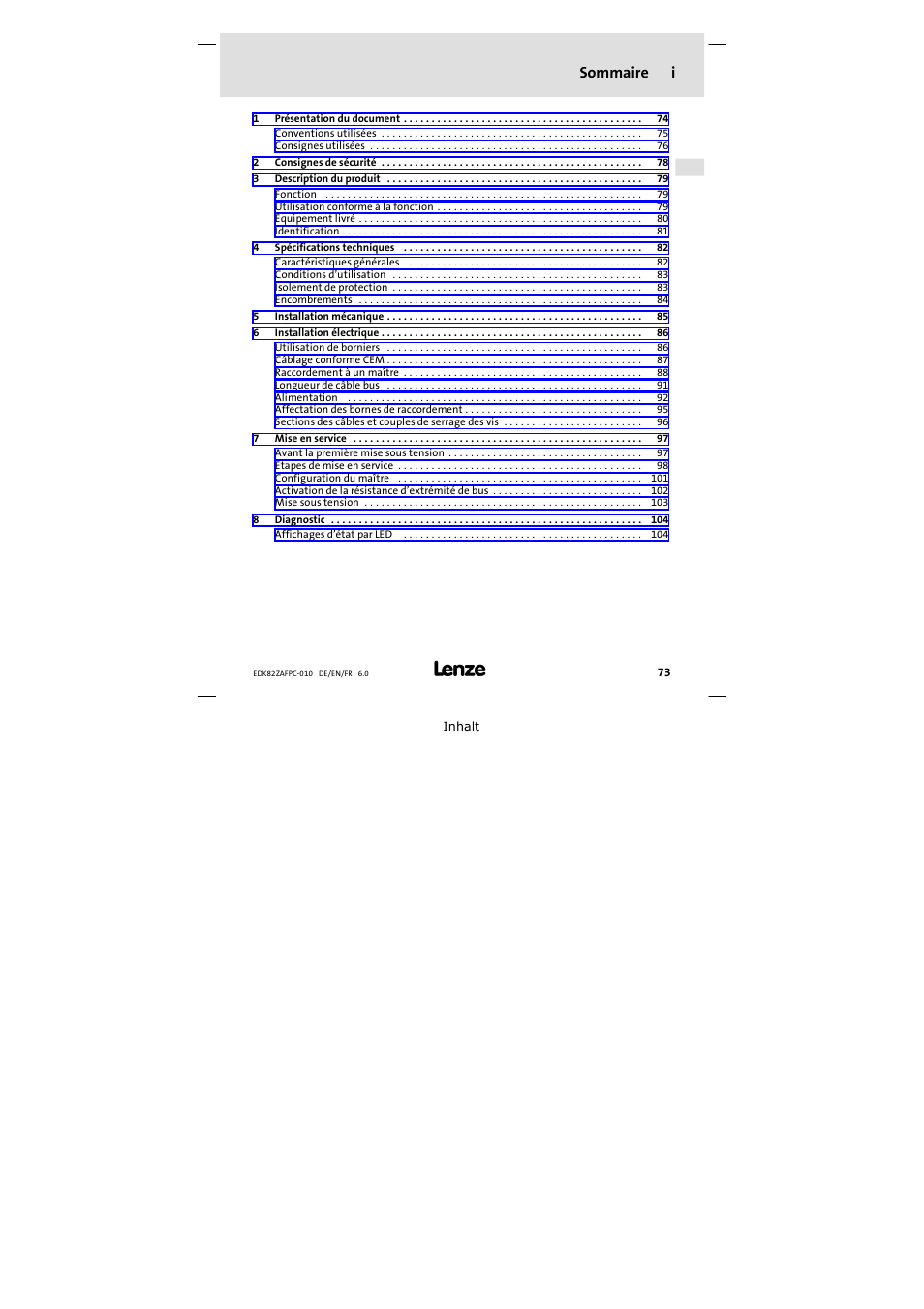 Sommaire, Sommaire i | Lenze E82ZAFPC010 User Manual | Page 73 / 106