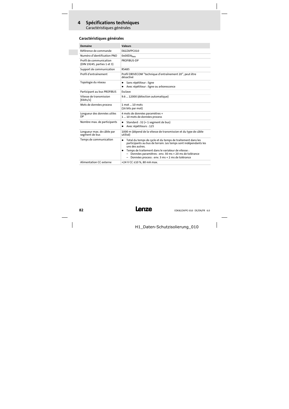 4 spécifications techniques, Caractéristiques générales, Spécifications techniques | 4spécifications techniques | Lenze E82ZAFPC010 User Manual | Page 82 / 106