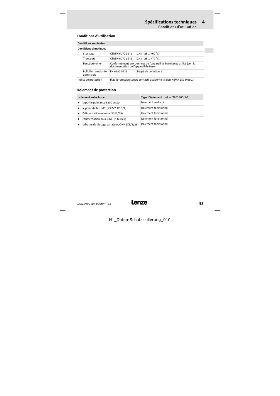 Conditions d'utilisation, Isolement de protection, Conditions d’utilisation | Spécifications techniques | Lenze E82ZAFPC010 User Manual | Page 83 / 106