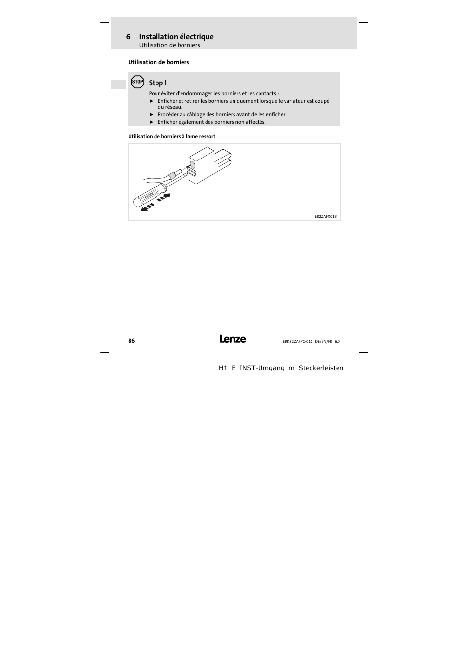 6 installation électrique, Utilisation de borniers, Installation électrique | Lenze E82ZAFPC010 User Manual | Page 86 / 106