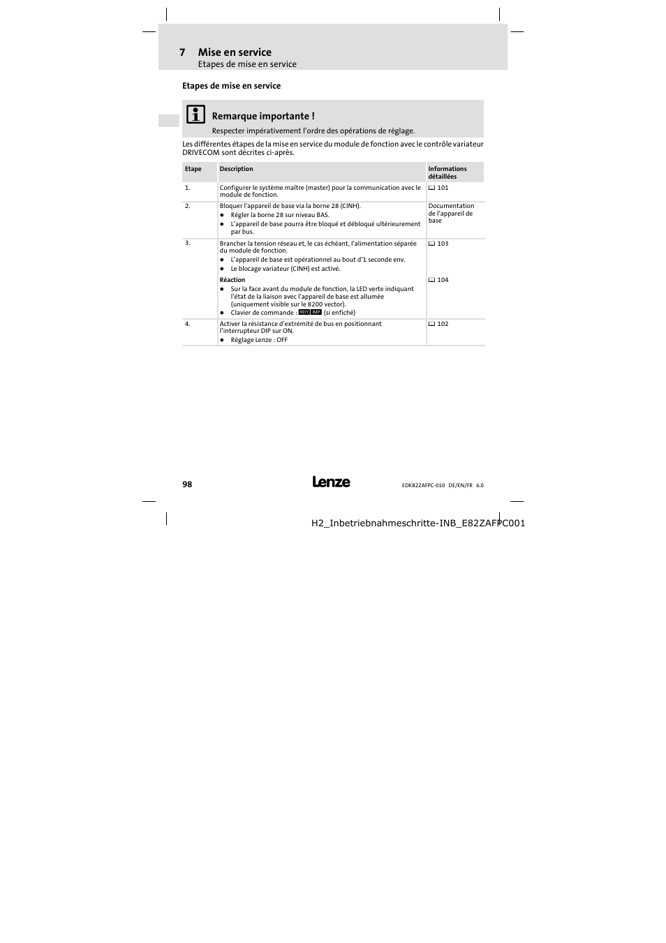 Etapes de mise en service, 7mise en service | Lenze E82ZAFPC010 User Manual | Page 98 / 106