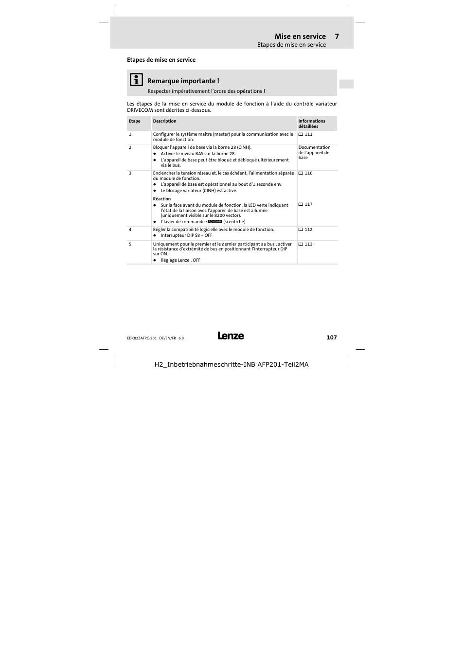 Etapes de mise en service, Mise en service, Remarque importante | Lenze E82ZAFPC201 User Manual | Page 107 / 118