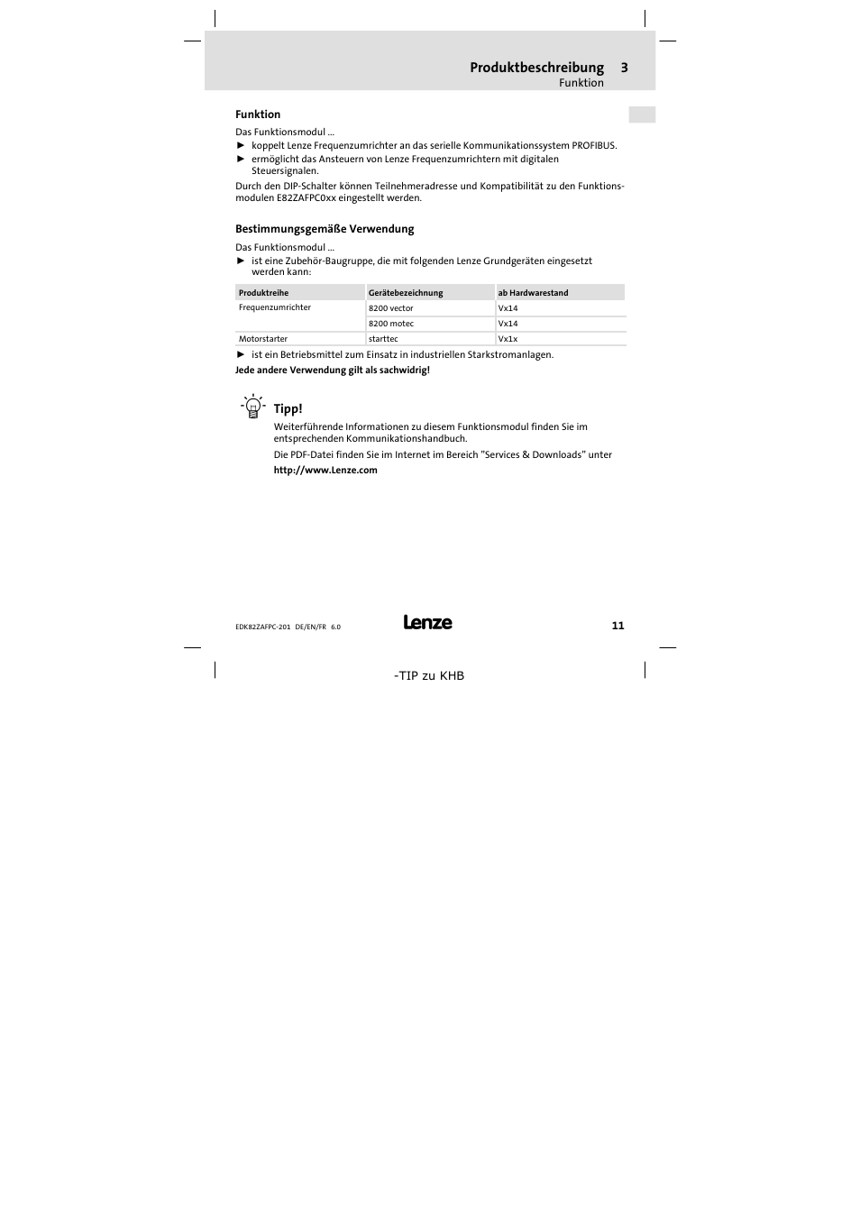 3 produktbeschreibung, Funktion, Bestimmungsgemäße verwendung | Produktbeschreibung | Lenze E82ZAFPC201 User Manual | Page 11 / 118