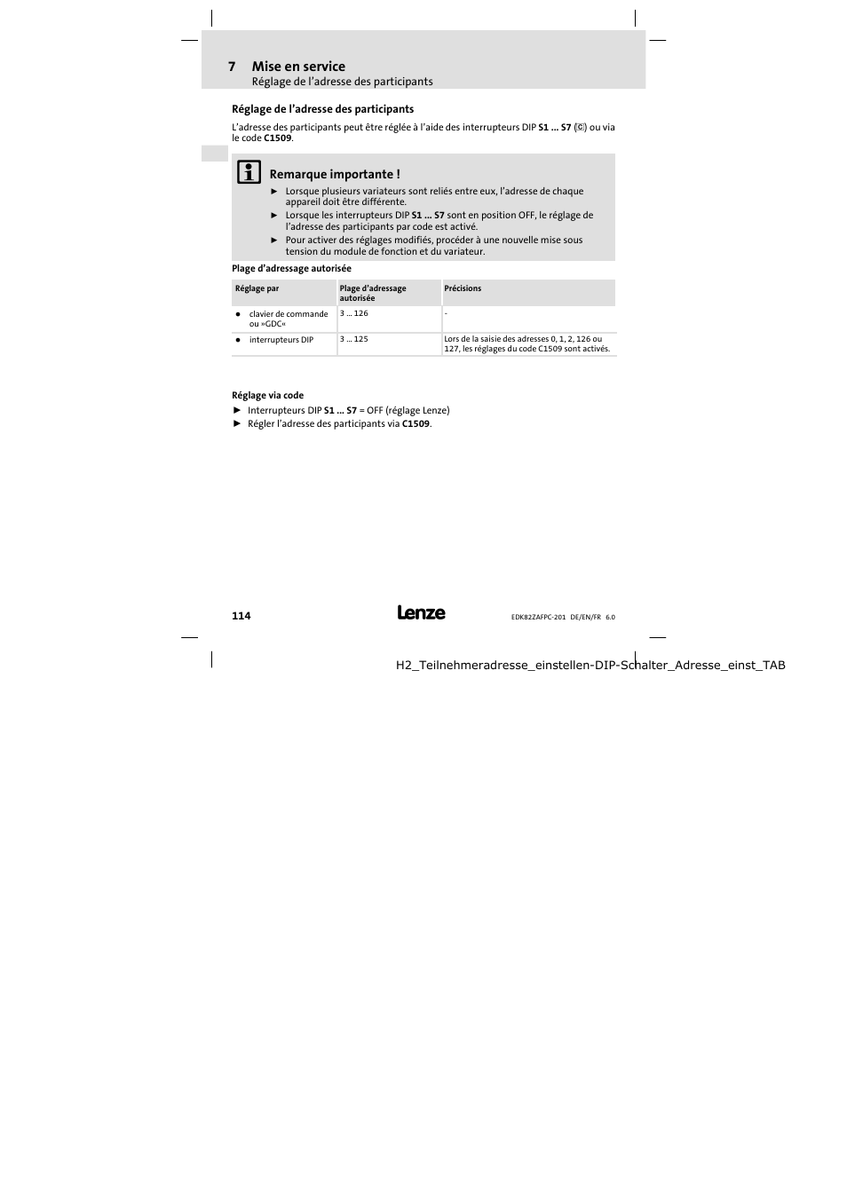 Réglage de l'adresse des participants, Réglage de l’adresse des participants | Lenze E82ZAFPC201 User Manual | Page 114 / 118