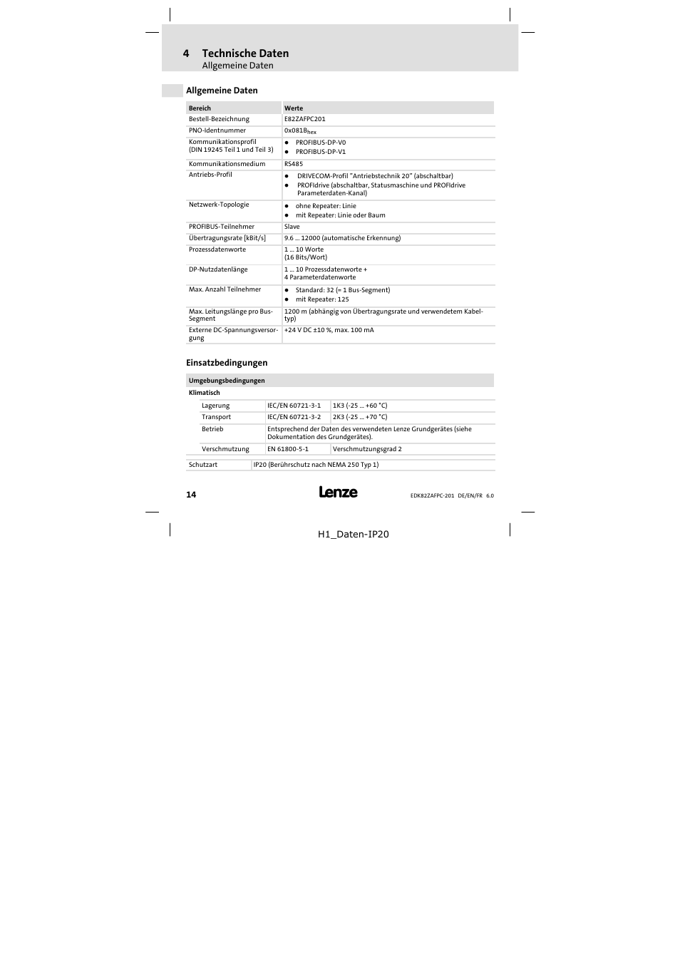 4 technische daten, Allgemeine daten, Einsatzbedingungen | Technische daten, 4technische daten | Lenze E82ZAFPC201 User Manual | Page 14 / 118