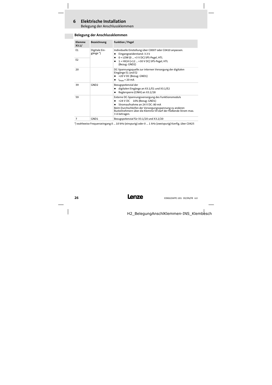 Belegung der anschlussklemmen, 6elektrische installation | Lenze E82ZAFPC201 User Manual | Page 26 / 118