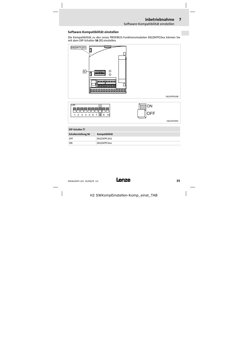 Software-kompatibilität einstellen, Inbetriebnahme | Lenze E82ZAFPC201 User Manual | Page 35 / 118
