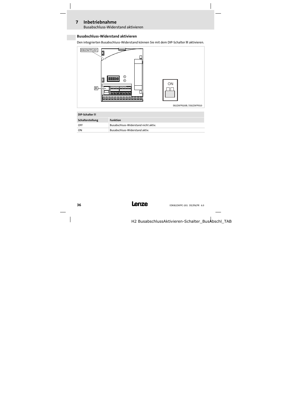 Busabschluss-widerstand aktivieren, 7inbetriebnahme | Lenze E82ZAFPC201 User Manual | Page 36 / 118