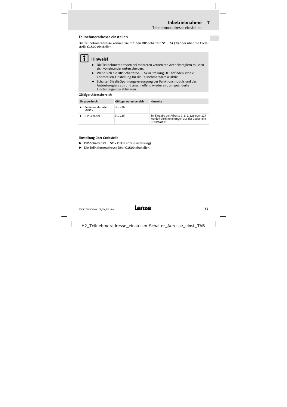 Teilnehmeradresse einstellen | Lenze E82ZAFPC201 User Manual | Page 37 / 118